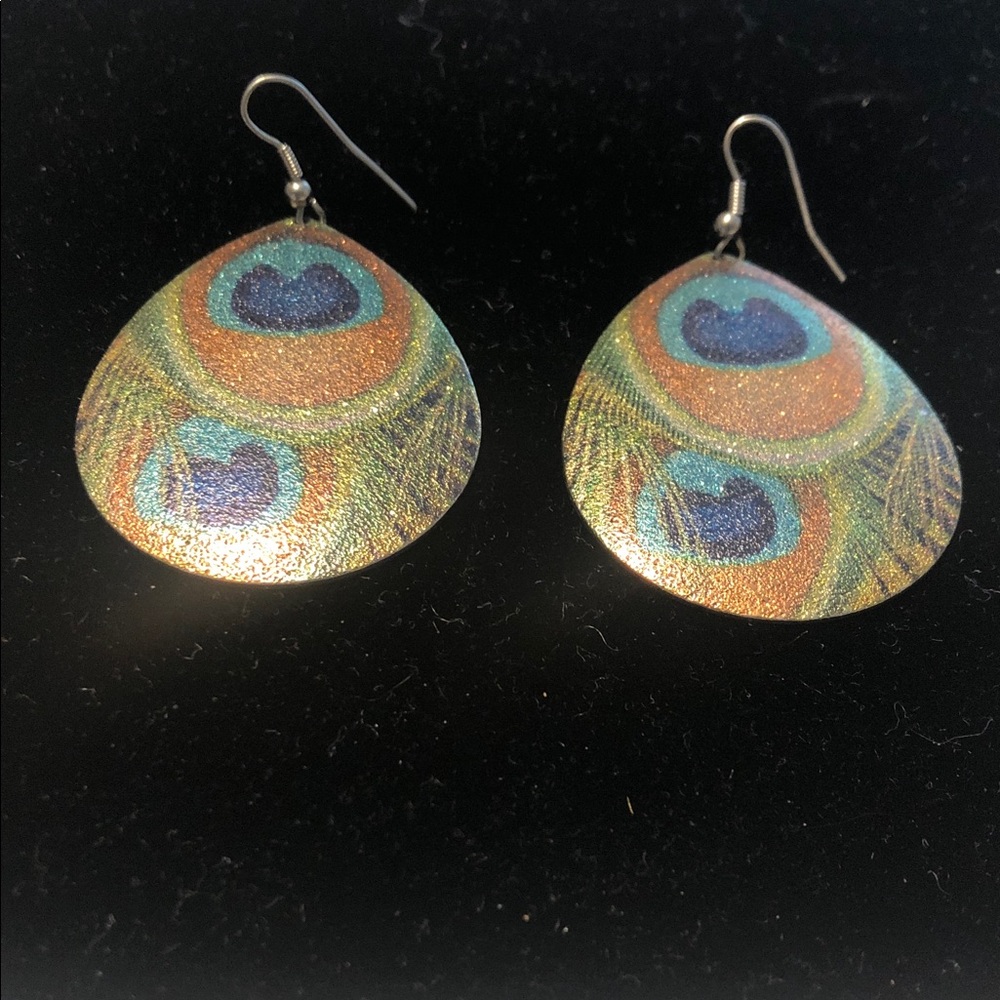 Peacock Feather Drop Earrings - Colorful Metallic Teardrop Design